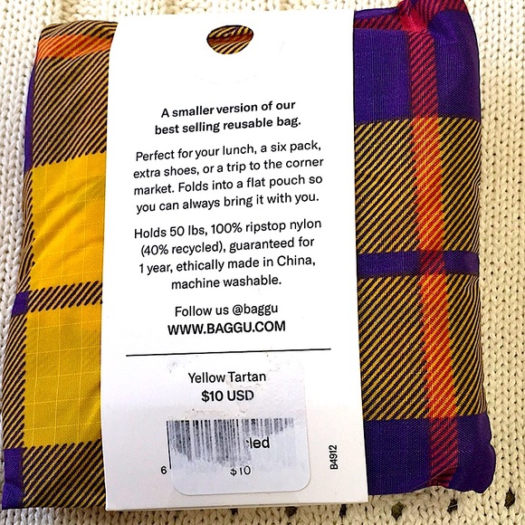NWT BAGGU Yellow Tartan Reusable Eco Shopping Bag Tote Purse Baby size Discontin - Picture 5 of 8